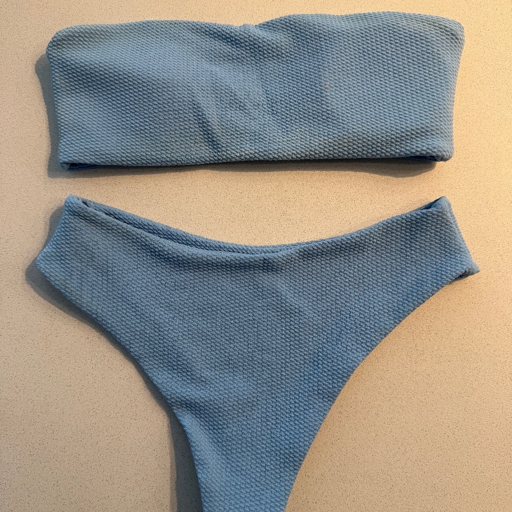 Blue Textured High-Waist Bandeau Bikini Set – Size S